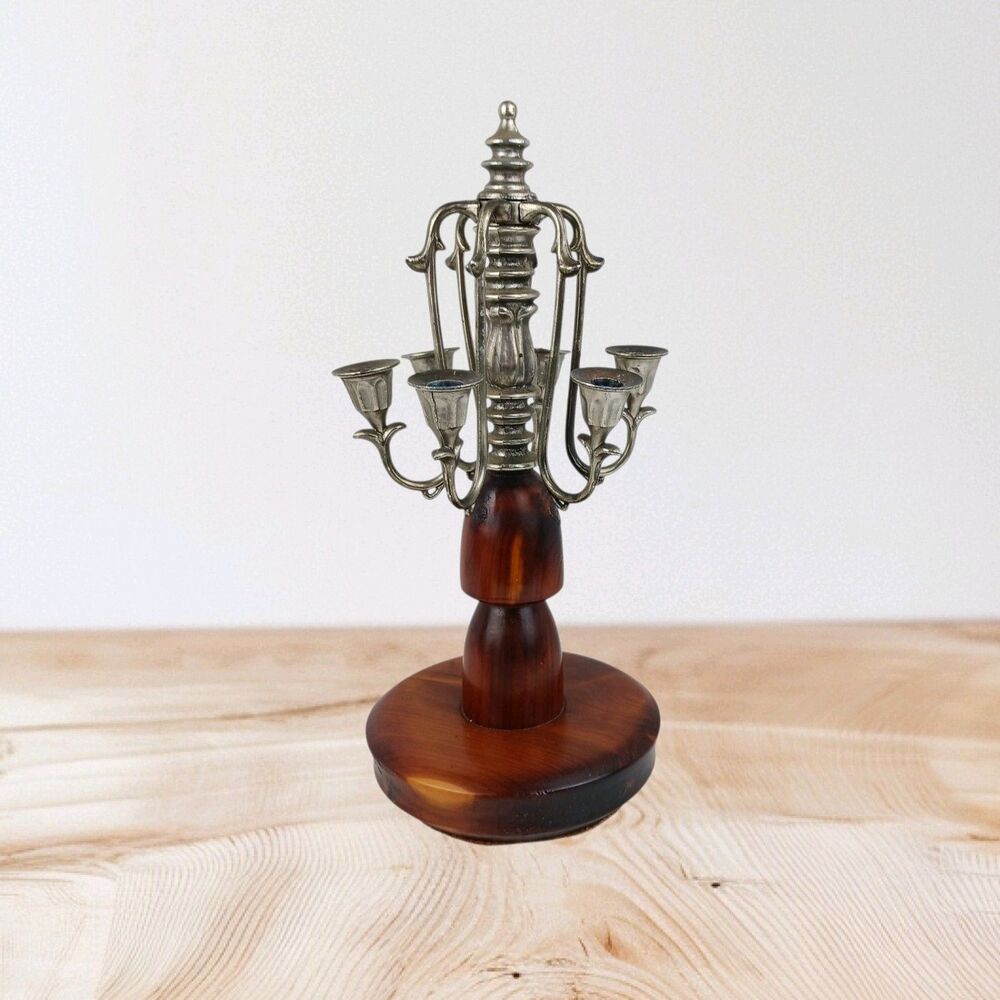 Vtg 6 Arm Wood and Silver Plated Table Candelabra Danish Modern MCM